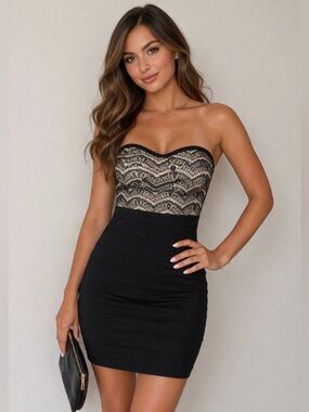 WOW Couture Strapless Bodycon Dress Black Lace Bandage Cocktail Party Size M